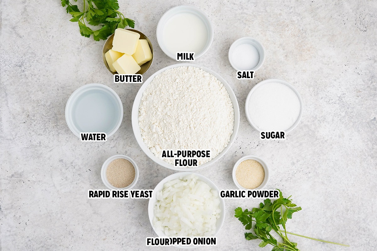 Ingredients needed to make onion rolls. 