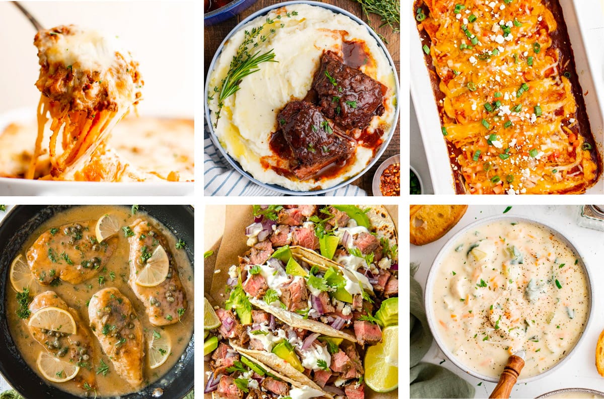Collage of images of dinner ideas.