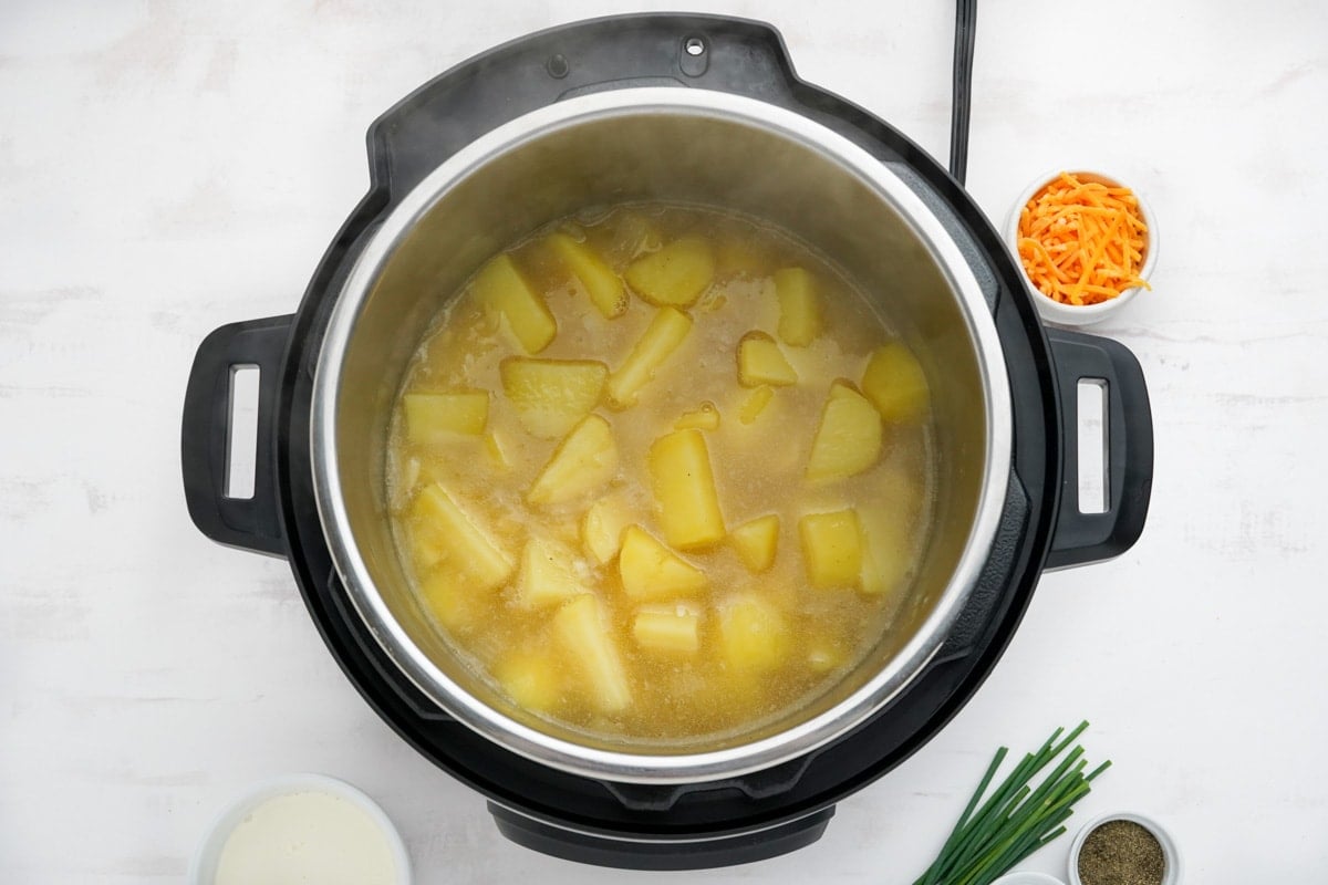 Cooked potato chunks and broth in an instant pot.