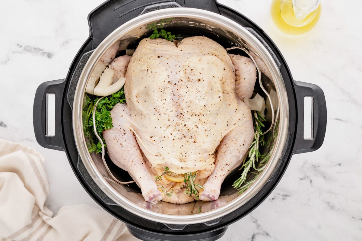 Raw whole chicken in a instant pot.