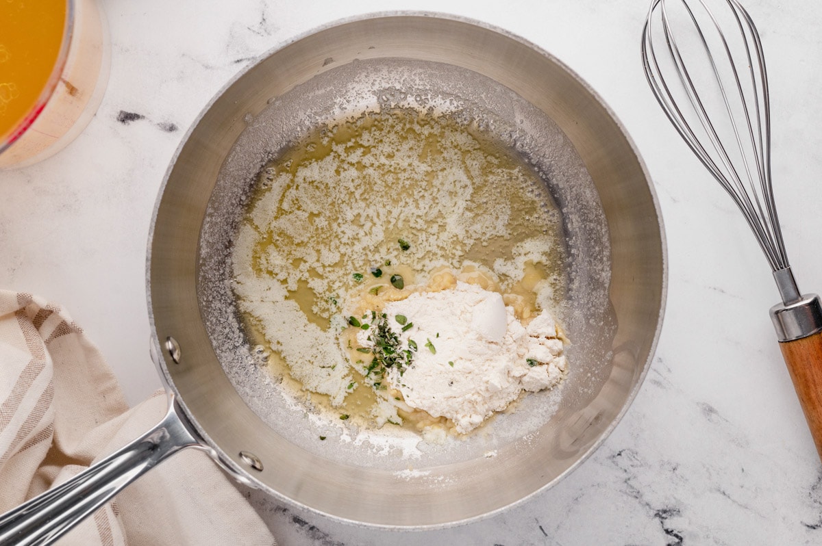 Butter, garlic, and flour in a sauce pan.
