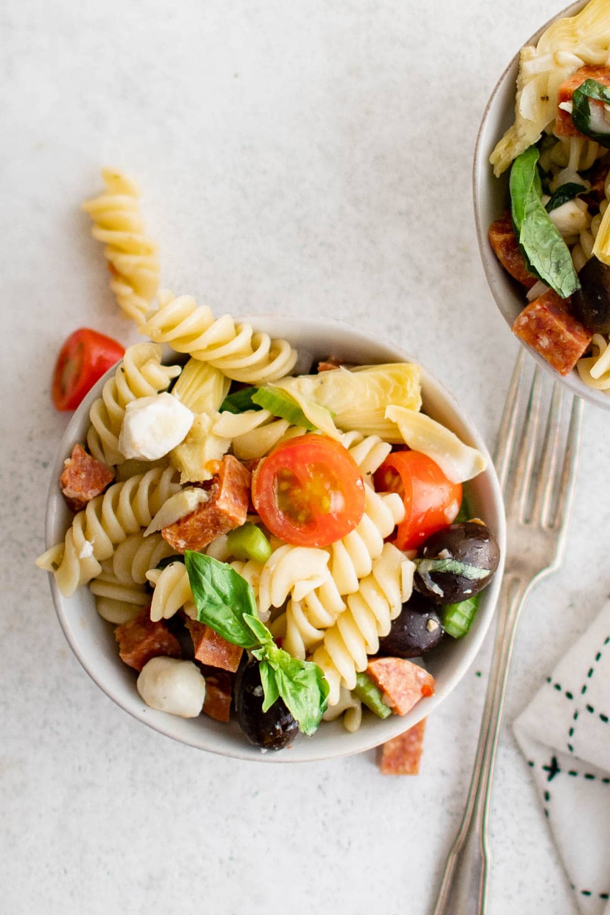 Antipasto pasta salad in a bowl.