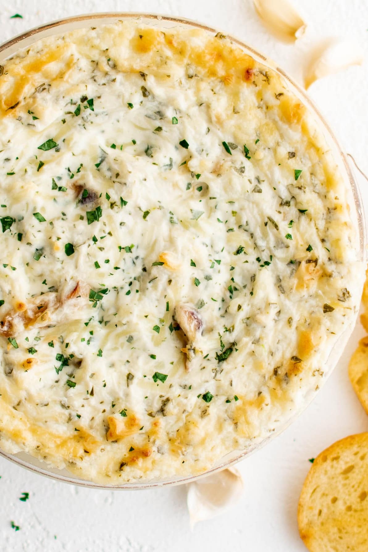 Roasted Garlic Dip in a baking dish. 