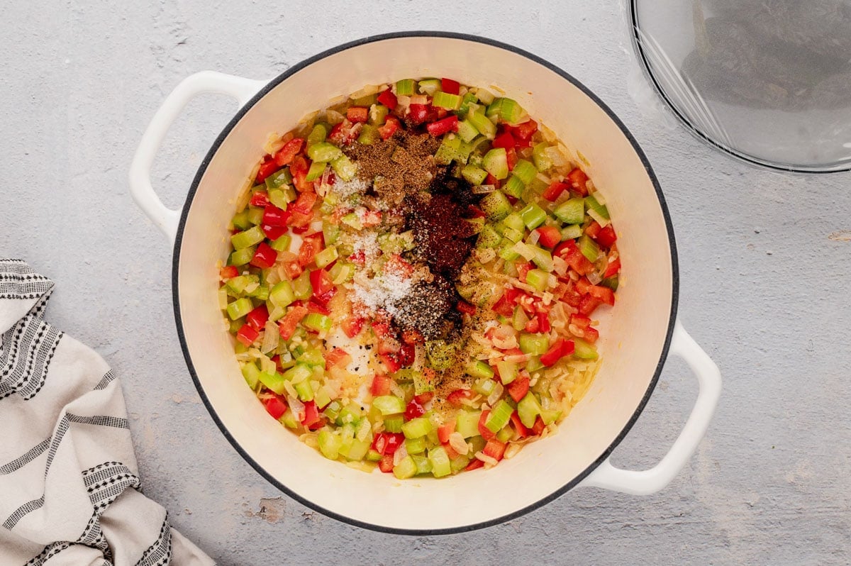 Cooked vegetables in a large pot.