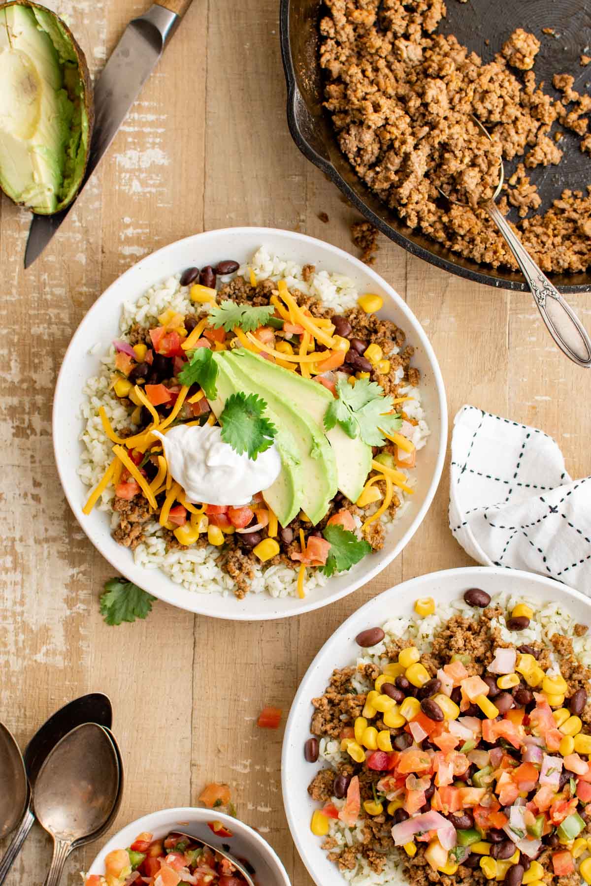 Taco Bowls with rice, meat, beans and corn.