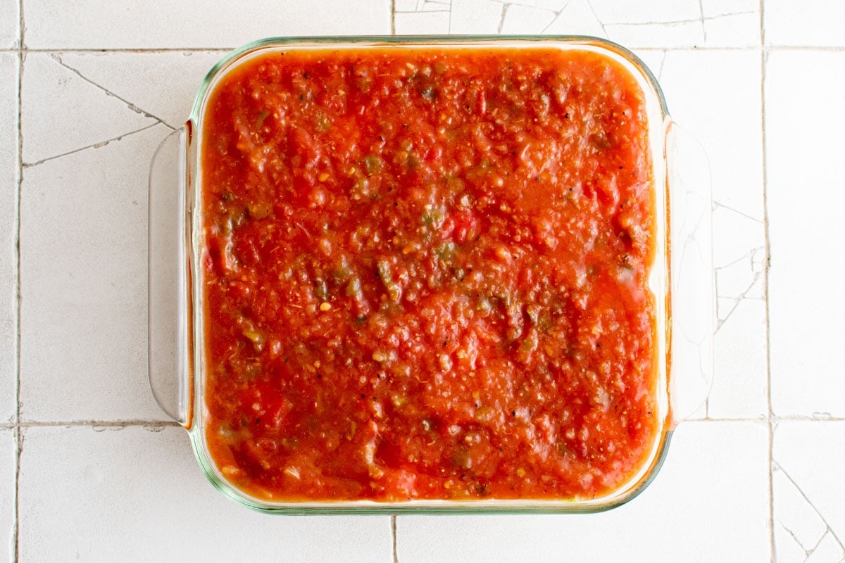 salsa in a baking dish.