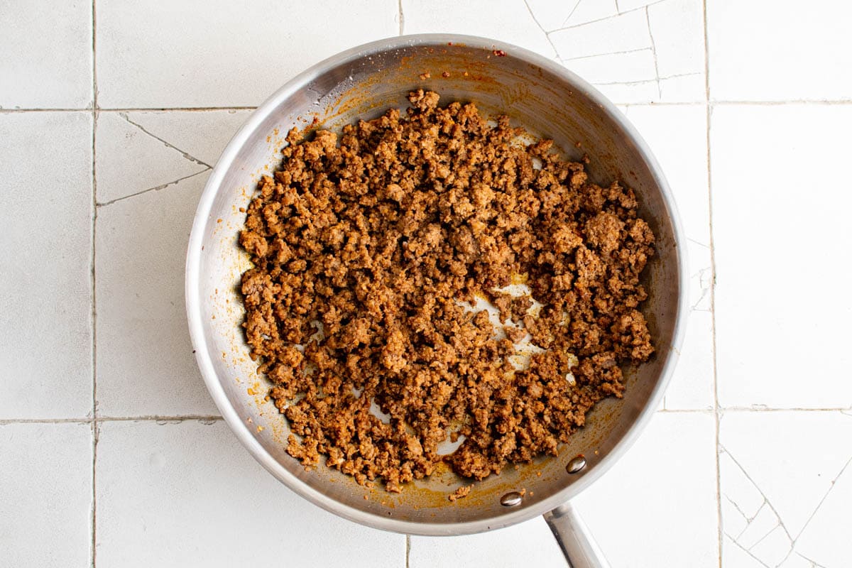 cooked taco meat in a skillet.