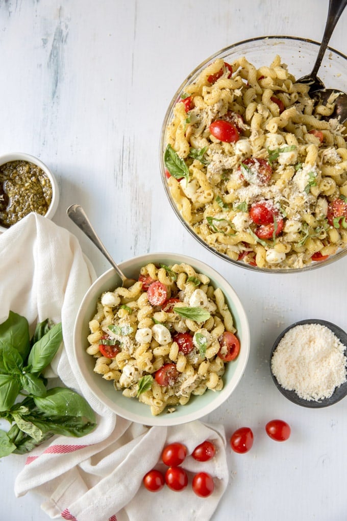 Serving size bowl and small bowl, both with pasta salad. 