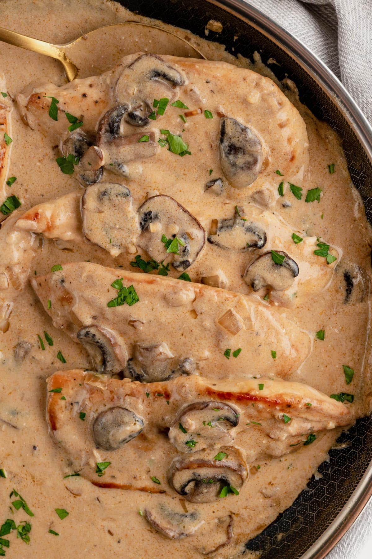 Chicken Stroganoff in creamy mushroom gravy in a skillet.