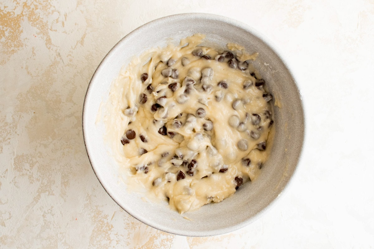 Muffin batter with chocolate chips in a bowl.