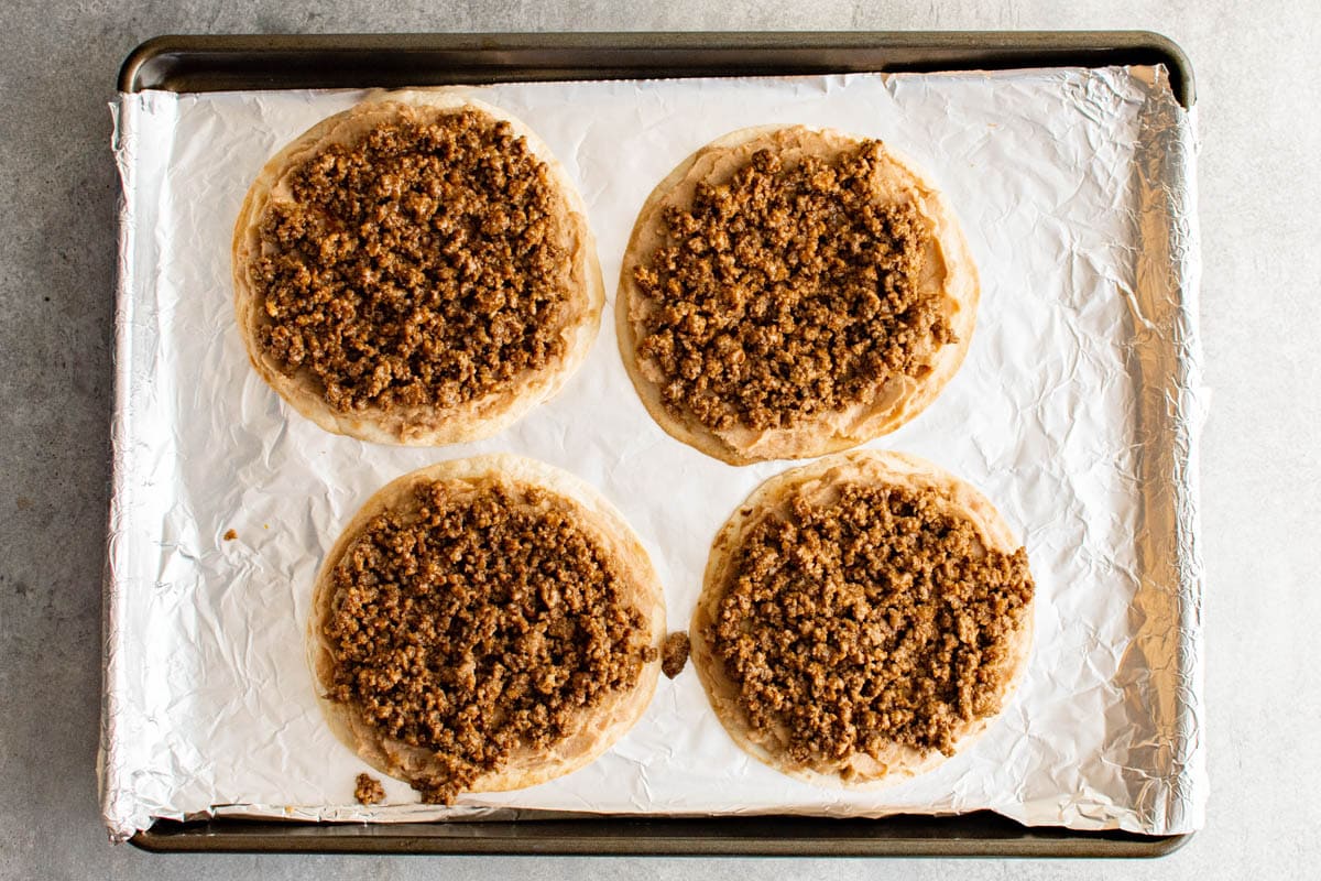 Taco meat on a crispy tortilla.