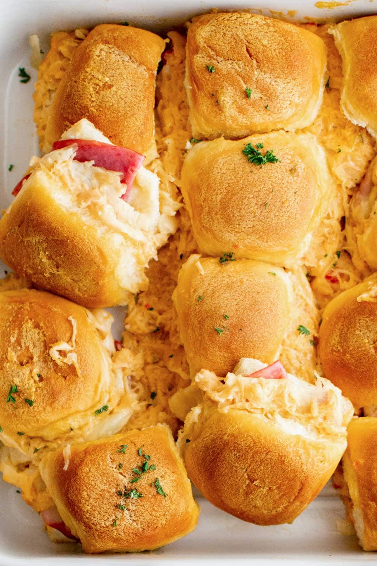 Reuben Sliders in a baking dish.