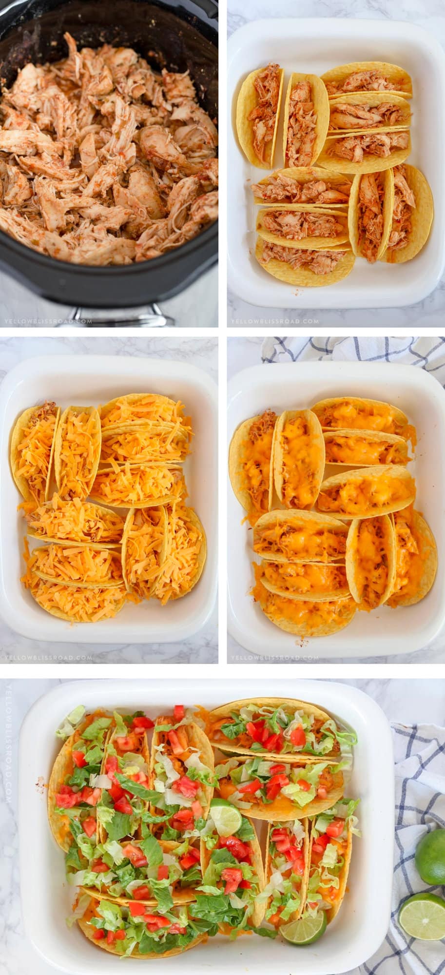 Collage of images showing the steps fo rmaking chicken ranch tacos.