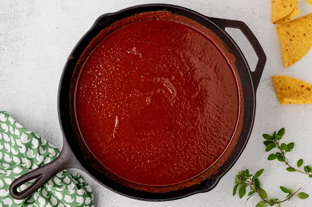 Chile sauce in a skillet.