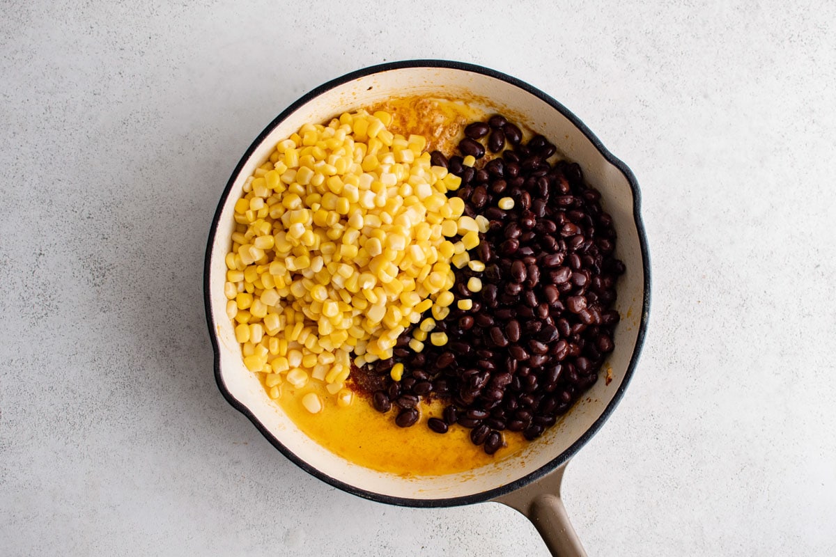 Black beans and corn in a skillet.