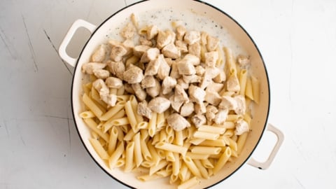 Penne pasta and diced chicken in a cream sauce.