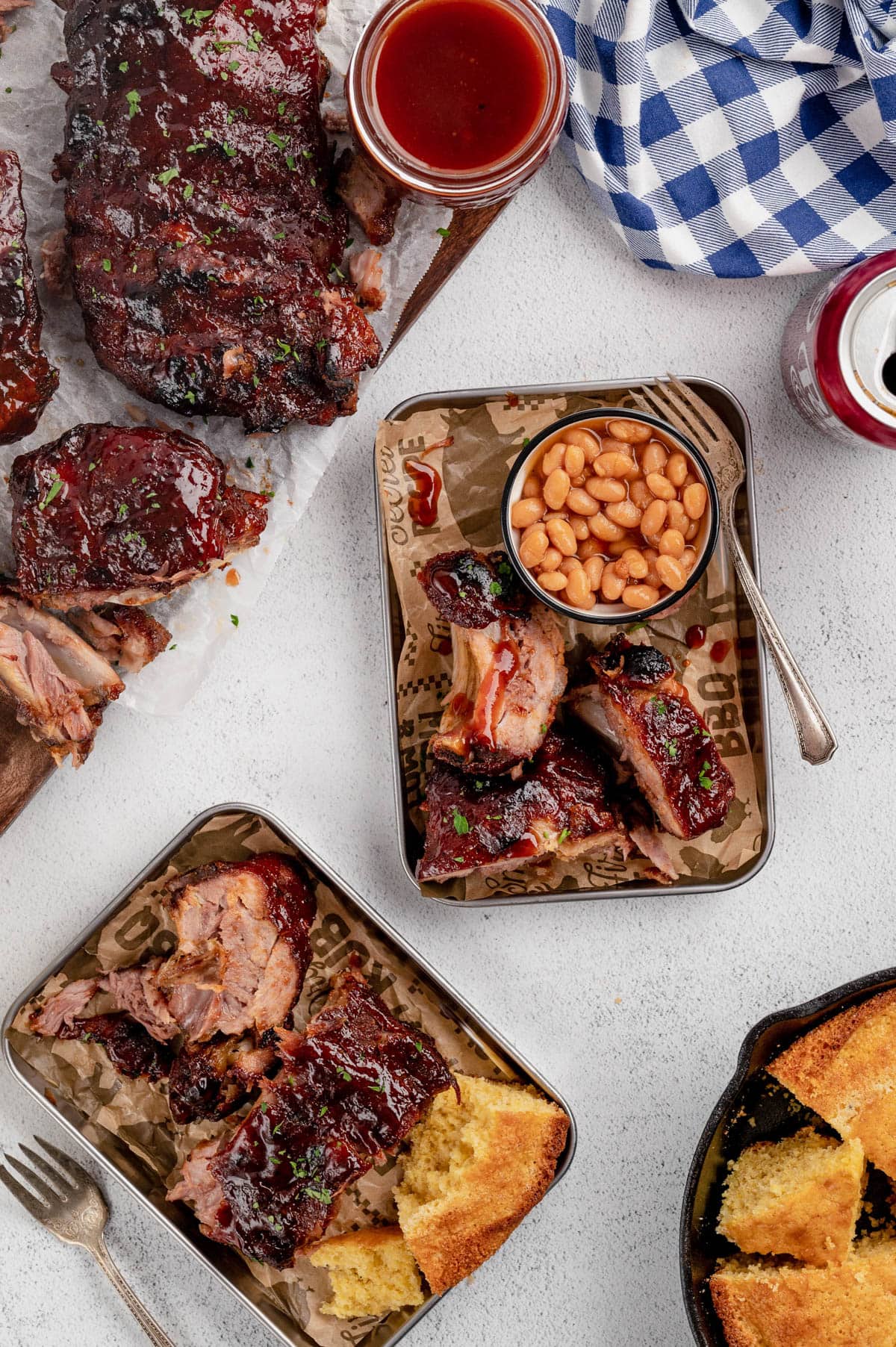rustic plates of ribs and beans.