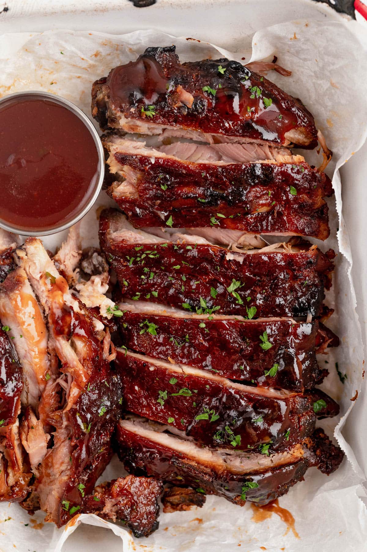 Close up of a sliced rack of ribs. 