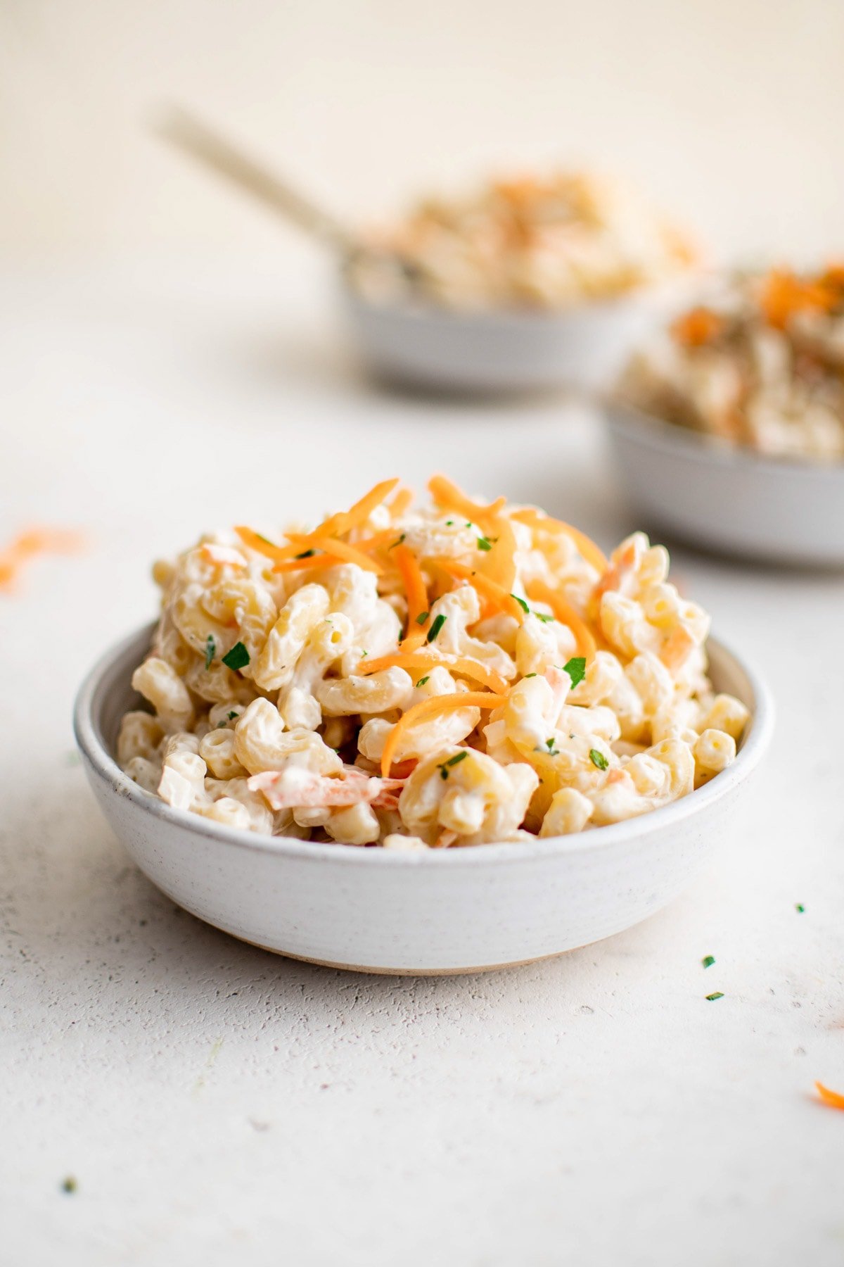 Hawaiian mac salad in a white bowl.