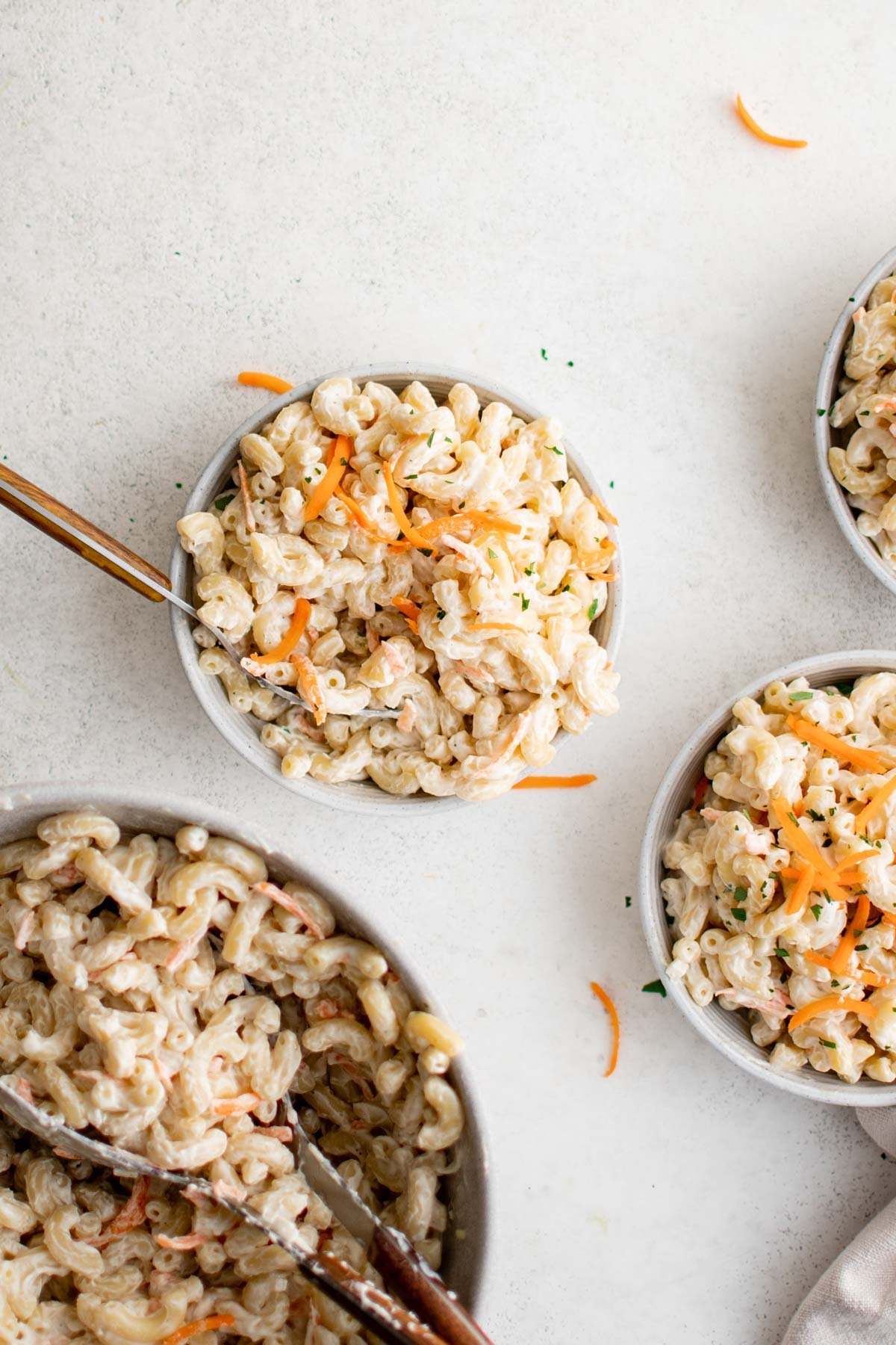Small bowls of Hawaiian macaroni salad.