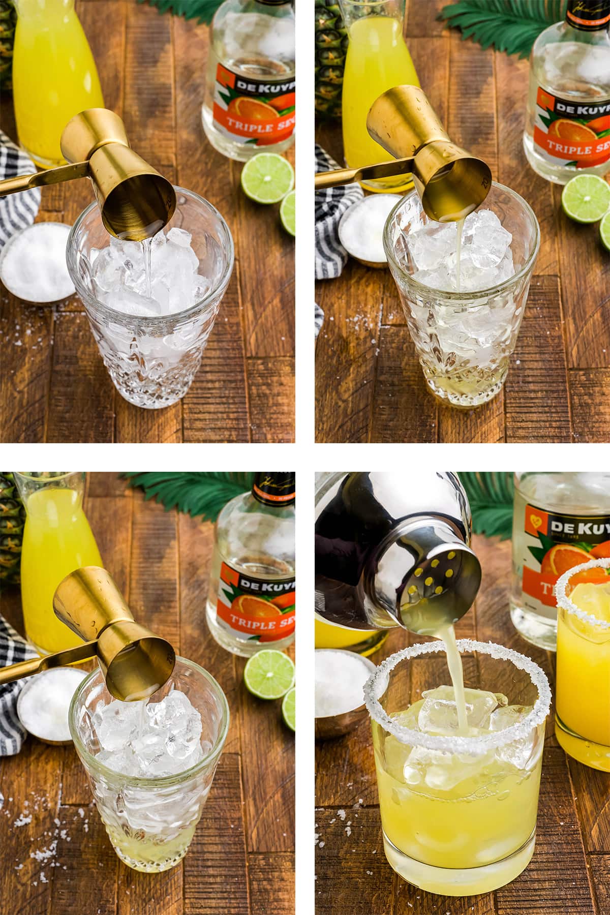 Images of a jigger pouring margarita ingredients into a cocktail glass.