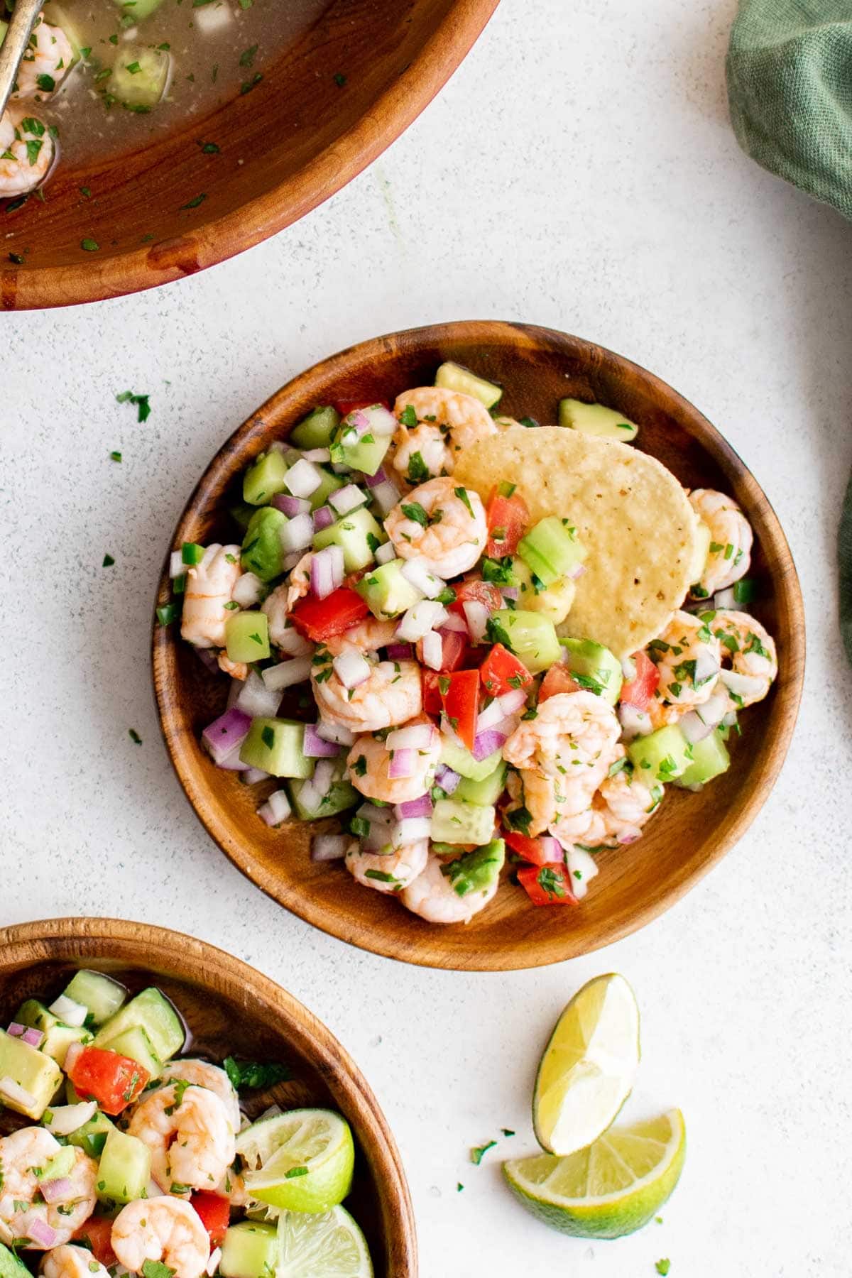 Shrimp Ceviche on plates with tortilla chips.