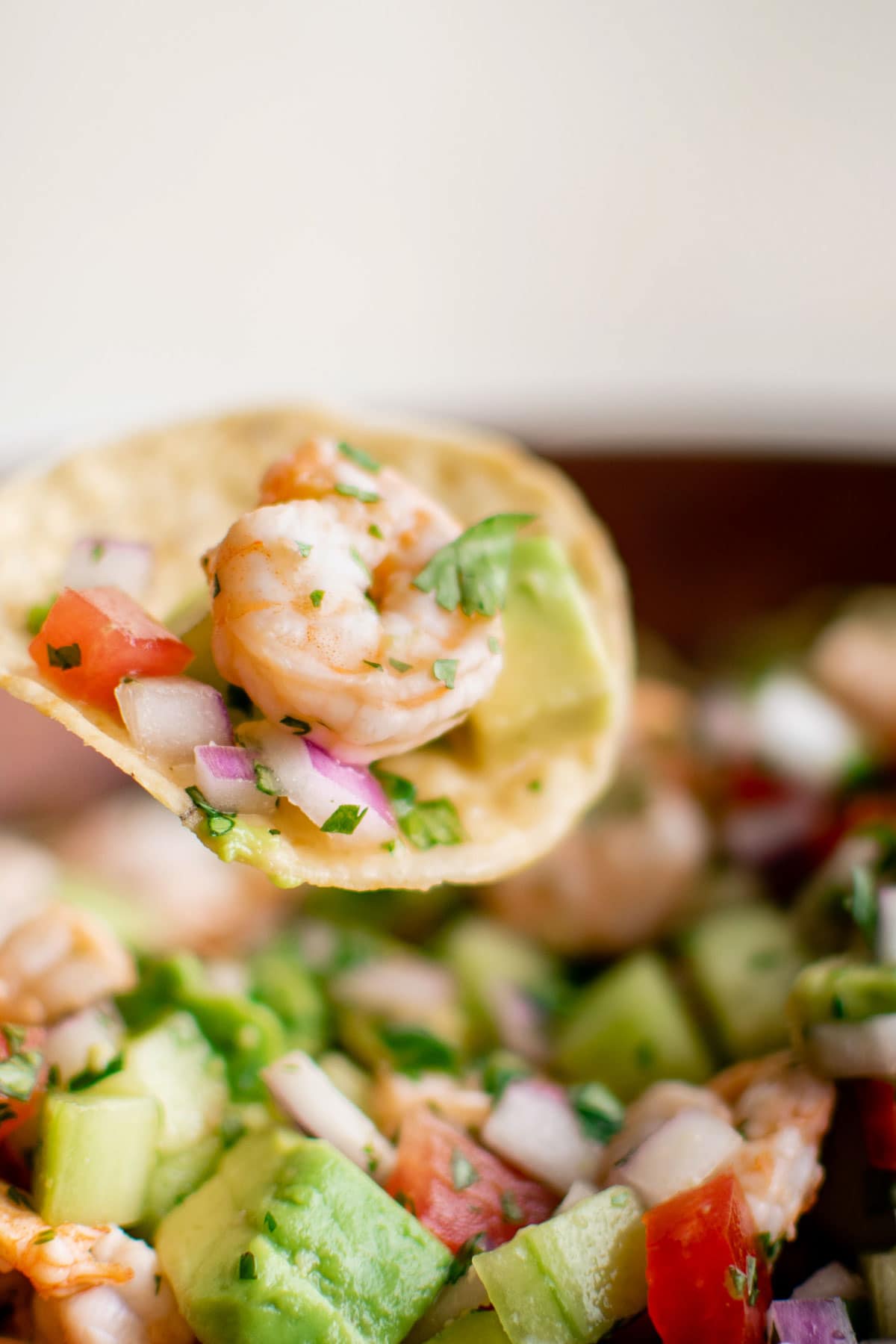 Shrimp ceviche on a tortilla chip.