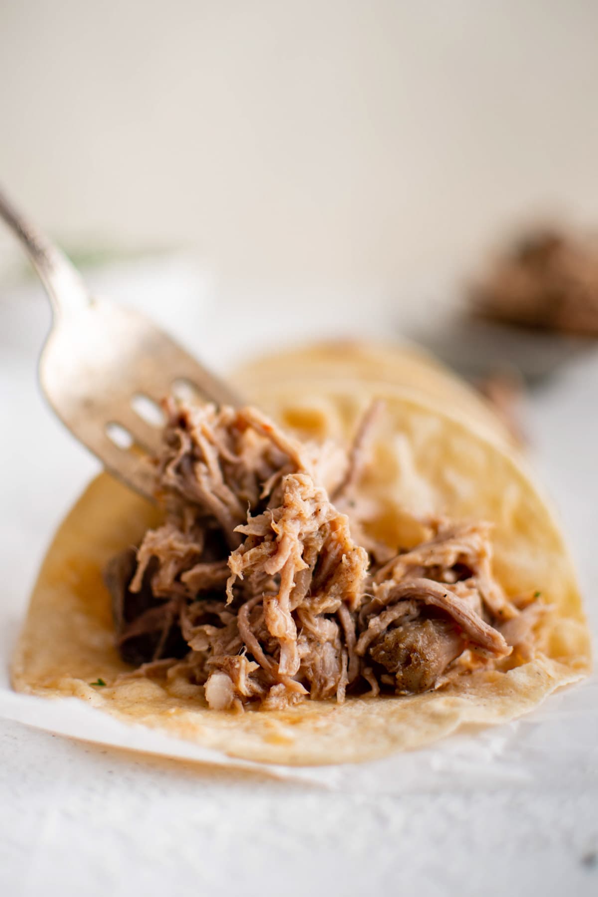 A fork placing shredded carnitas in a corn tortilla.