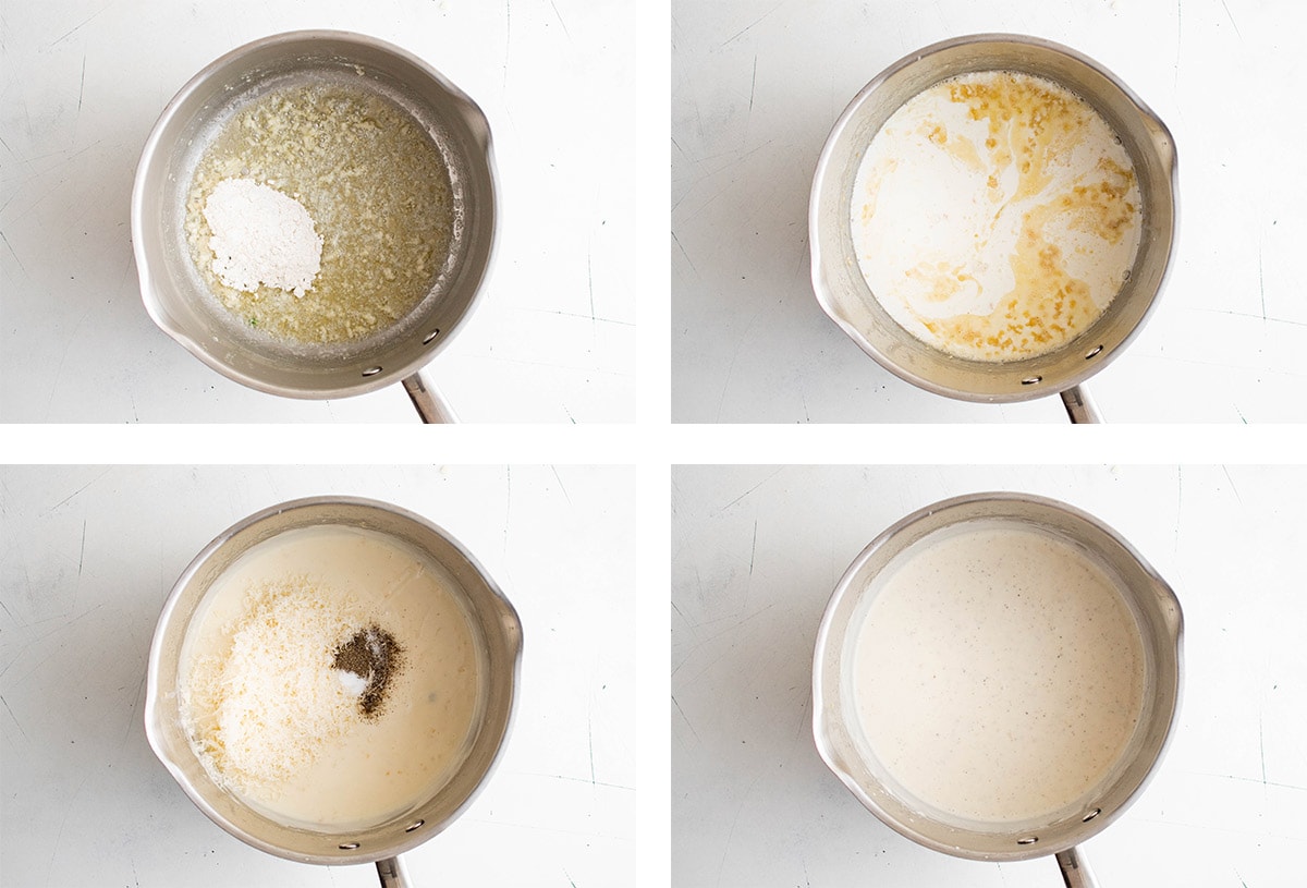 Collage of images showing how to make alfredo sauce.