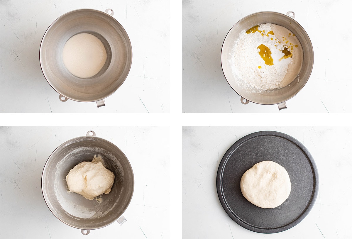 Collage of images showing how to make pizza dough.