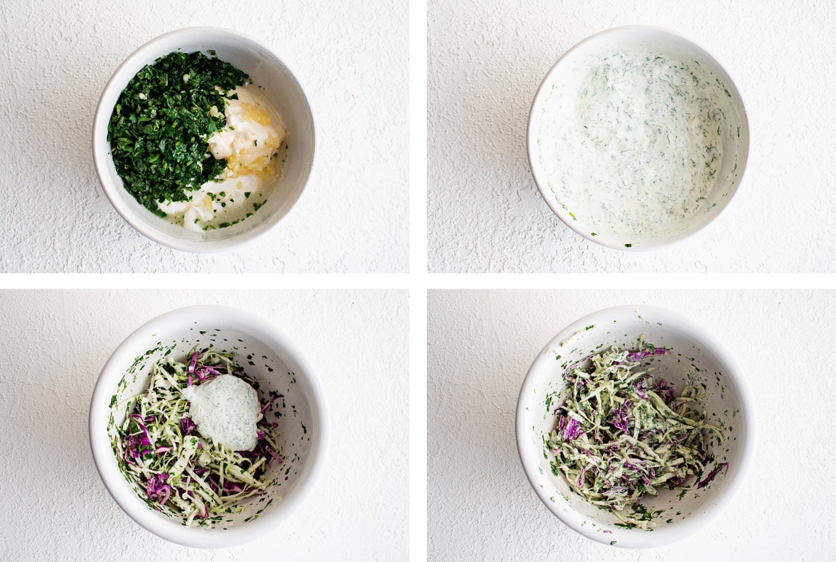 Bowls of creamy sauce and cabbage, showing how to make cabbage slaw.