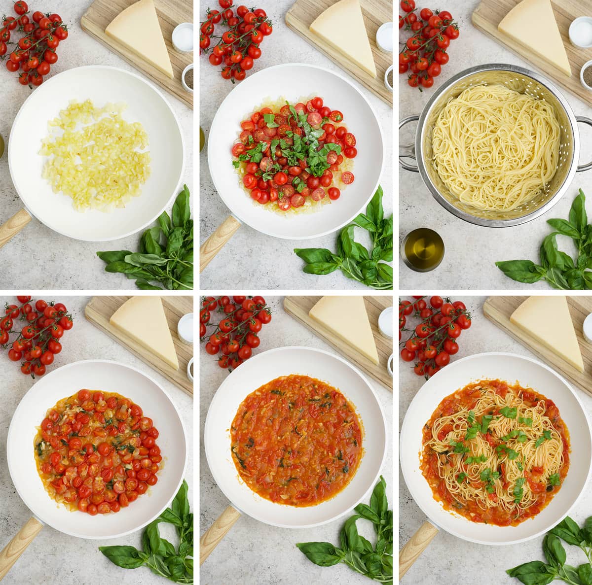 Collage of images showing how to make angel hair pasta with tomatoes.