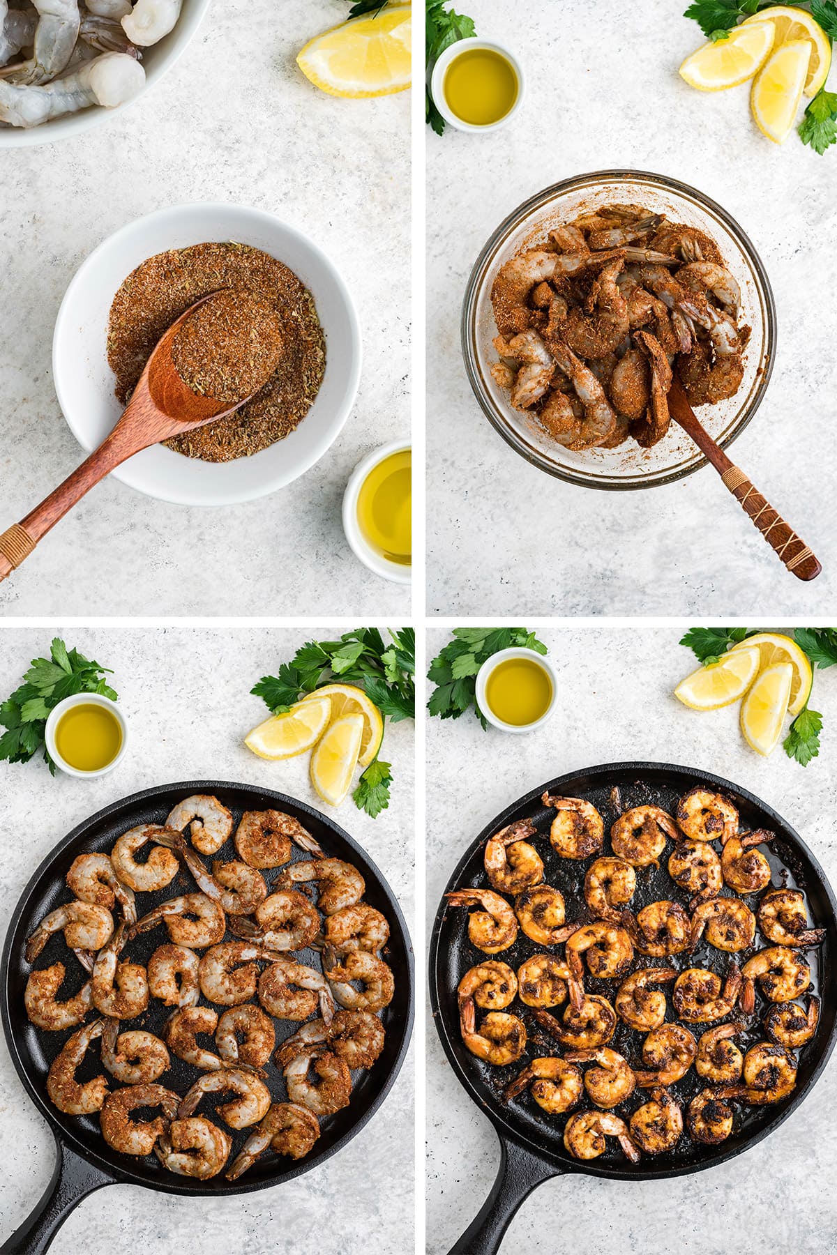 A collage of 4 images showing how to make blackened shrimp