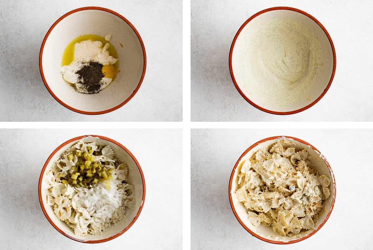 Collage of 4 images showing how to make pickle pasta salad.