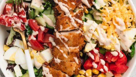 crispy chicken salad in a bowl.