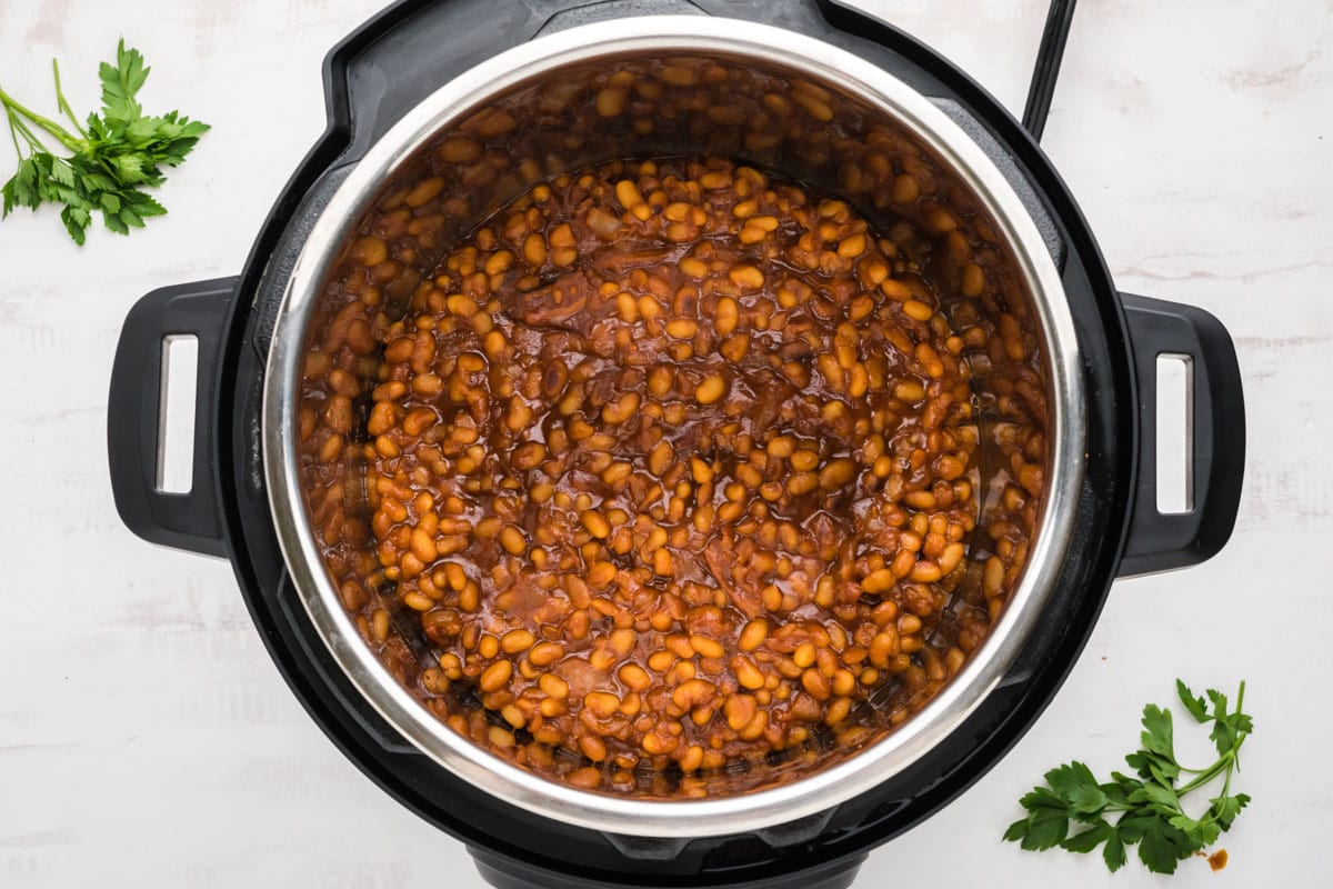instant pot filled with baked beans.