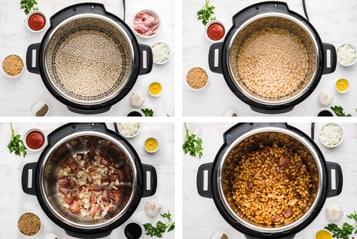 A collage of 4 images showing the steps for making instant pot baked beans.