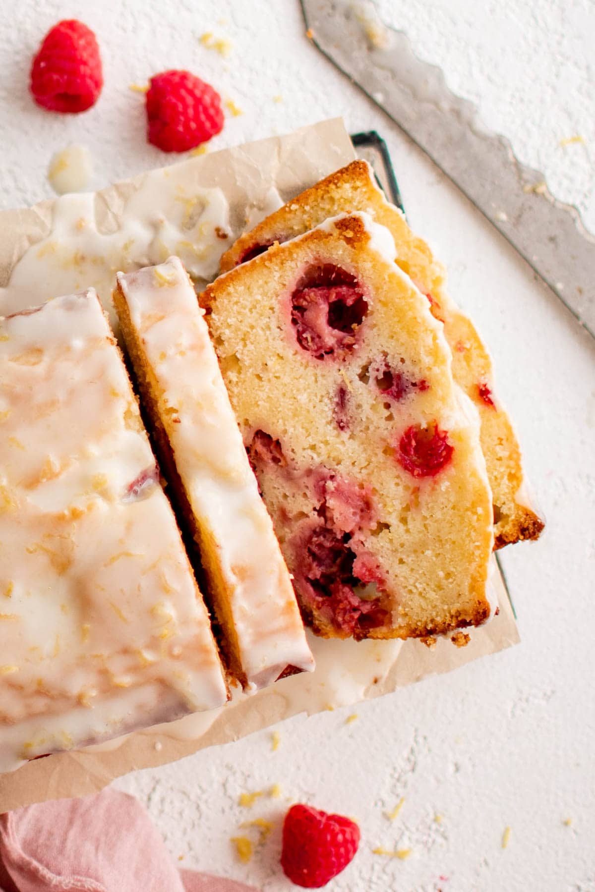 Slices of lemon raspberry quick bread.