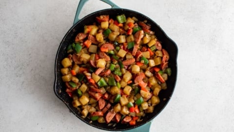 Finished dish - breakfast hash with potatoes and sausage.