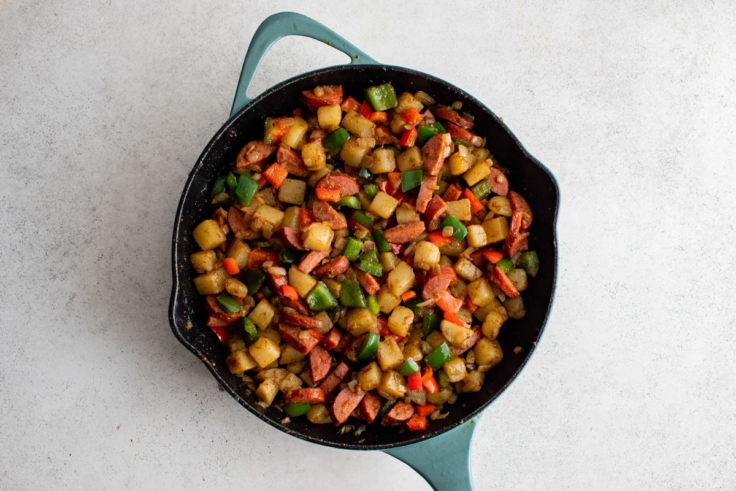 Finished dish - breakfast hash with potatoes and sausage.