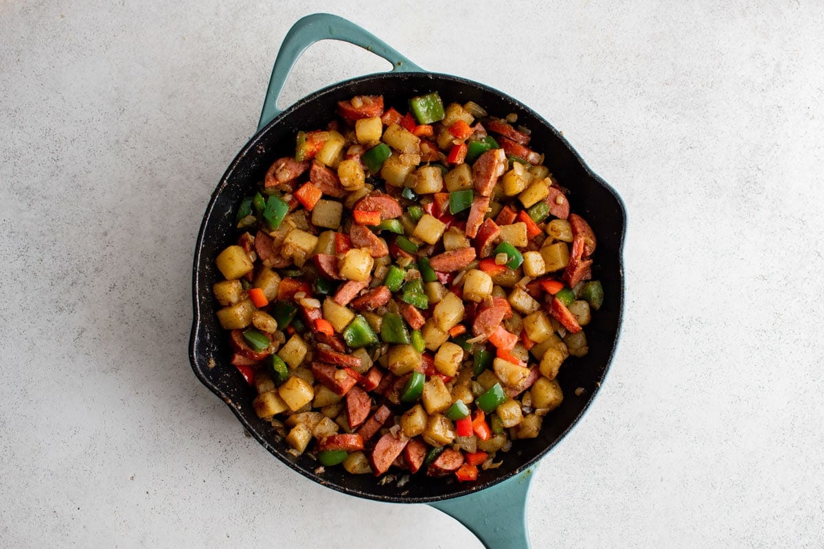 Finished dish - breakfast hash with potatoes and sausage. 