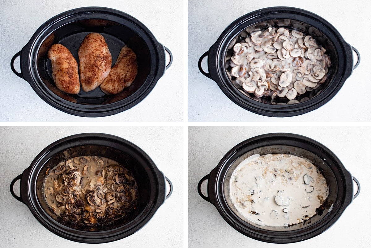 Collage of images depicting the steps for making mushroom chicken in the slow cooker.