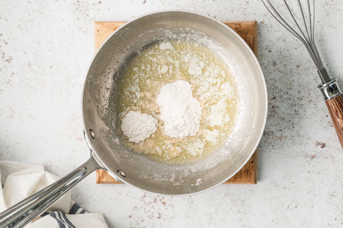 Melted butter and flour in a skillet.