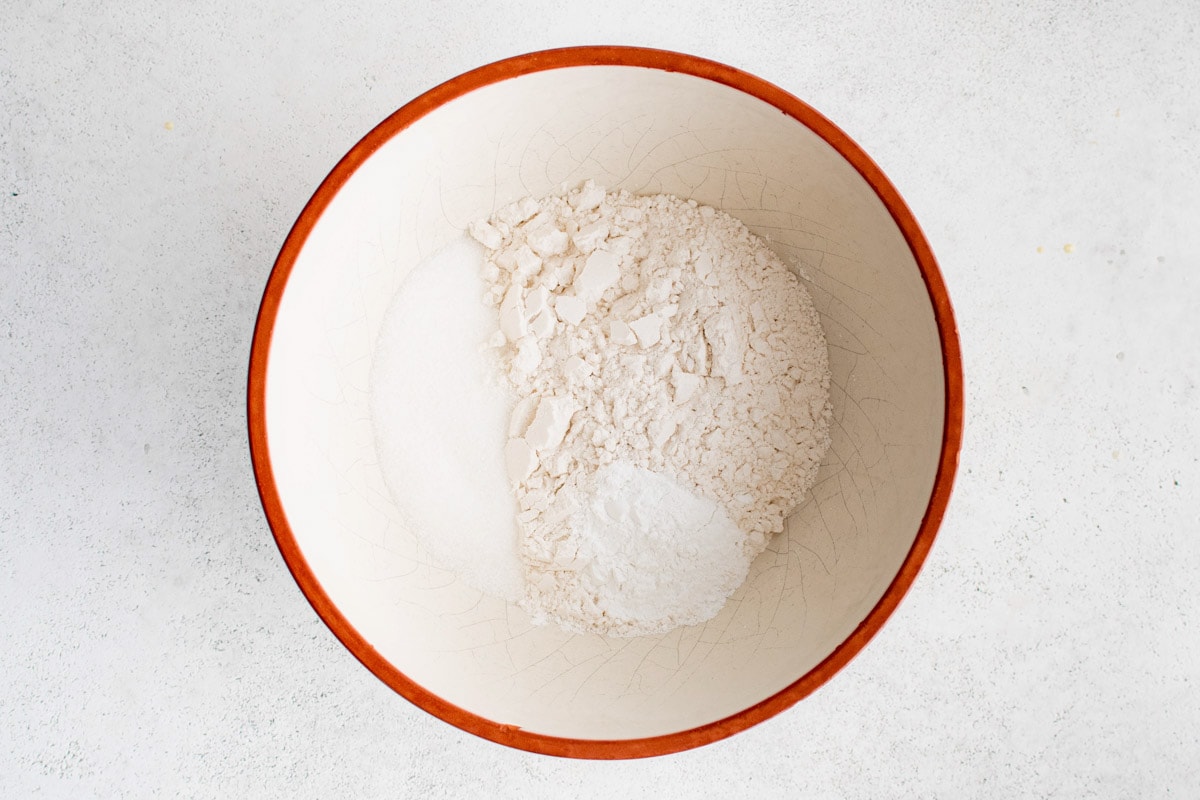 Flour, baking powder and salt in a mixing bowl.
