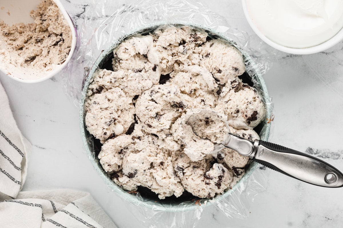 Cookies and cream ice cream in a round pan.