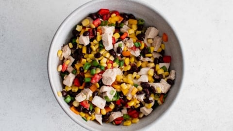 Chicken, black beans, green onions and tomatoes diced and tossed together in a bowl.