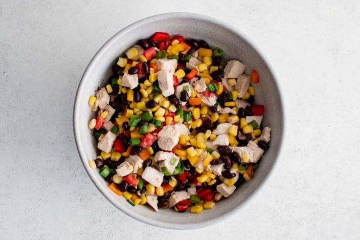 Chicken, black beans, green onions and tomatoes diced and tossed together in a bowl.