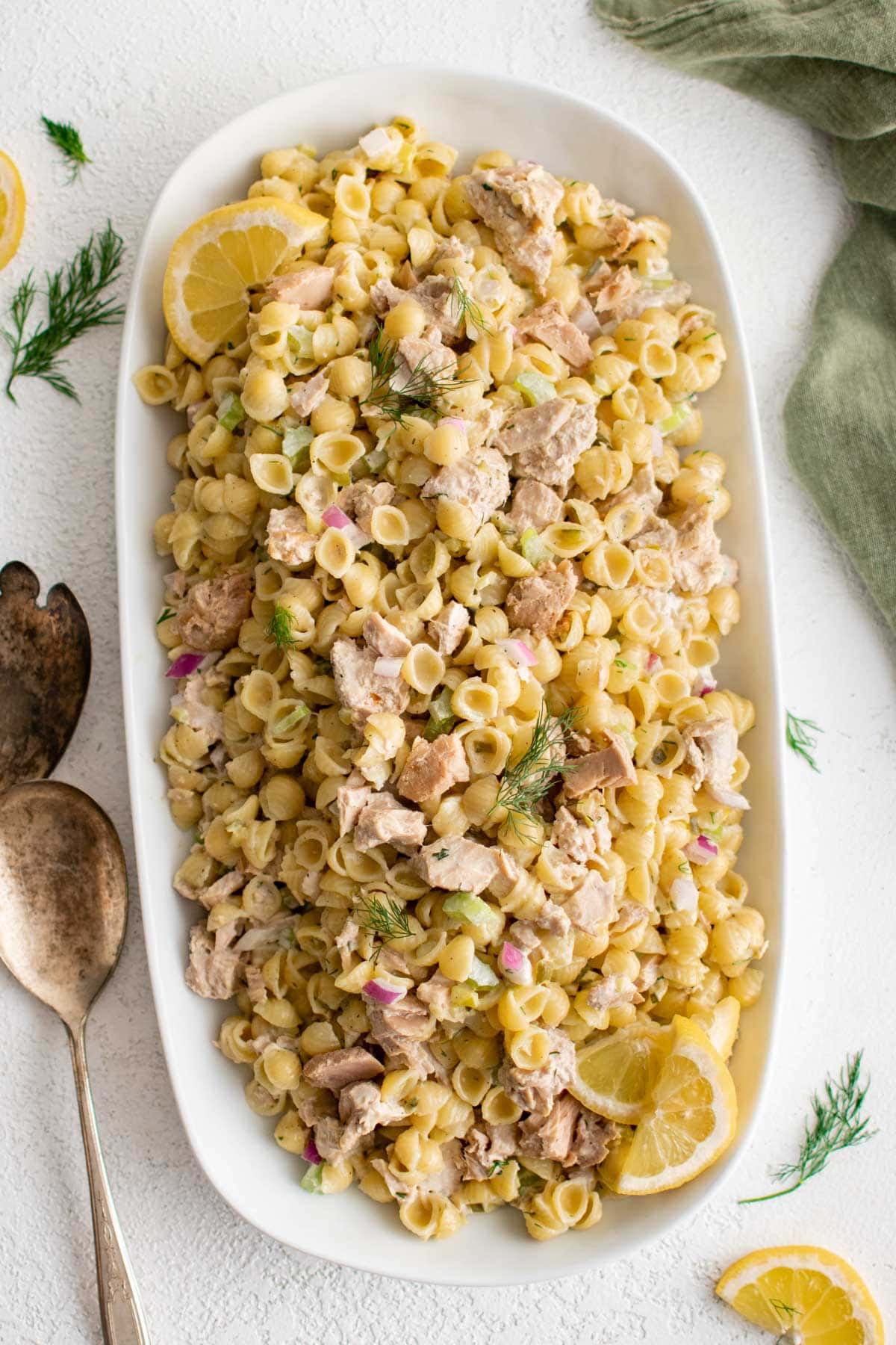 Shell pasta with tuna, celery and creamy dressing.