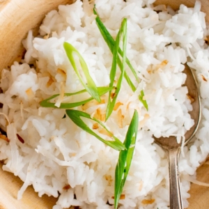 Coconut rice close up image.