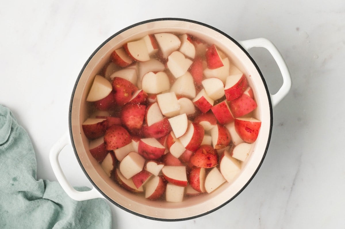 Cubed potatoes in a pot of water.